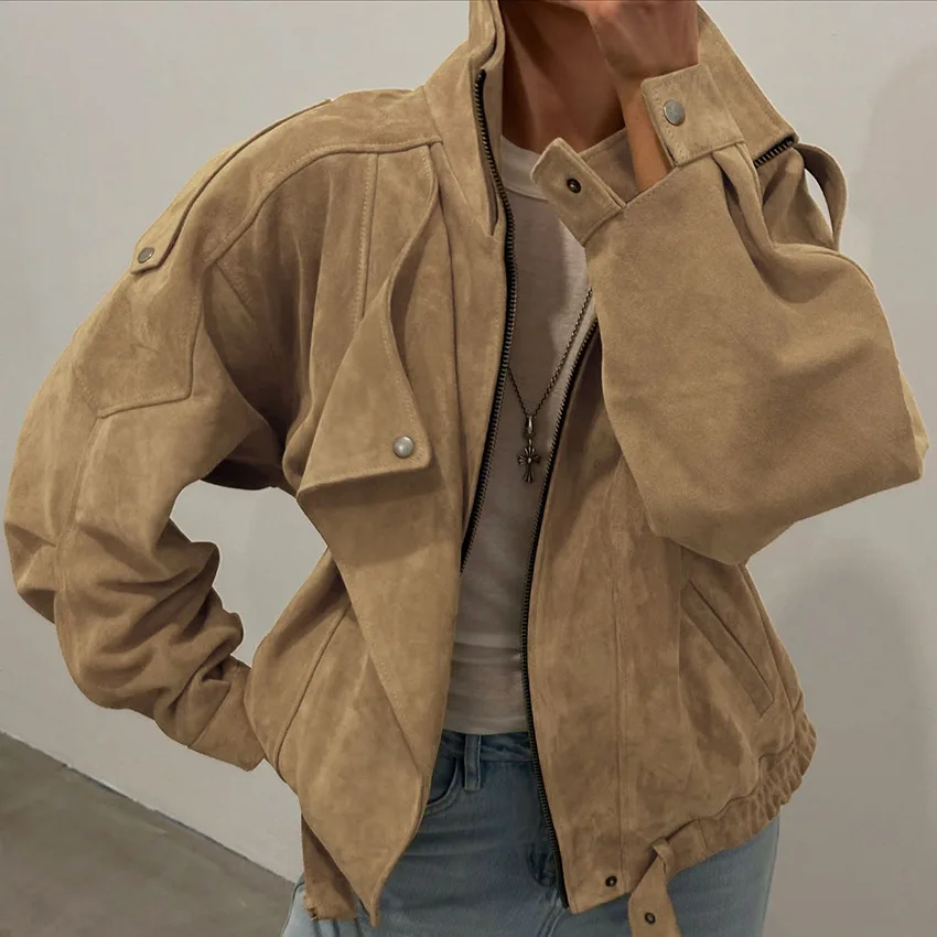 Damen Vintage Khaki Wildlederjacke, Oversize Stehkragen Motorradjacke mit Gürtel & Schnallendetail, Herbst Streetwear