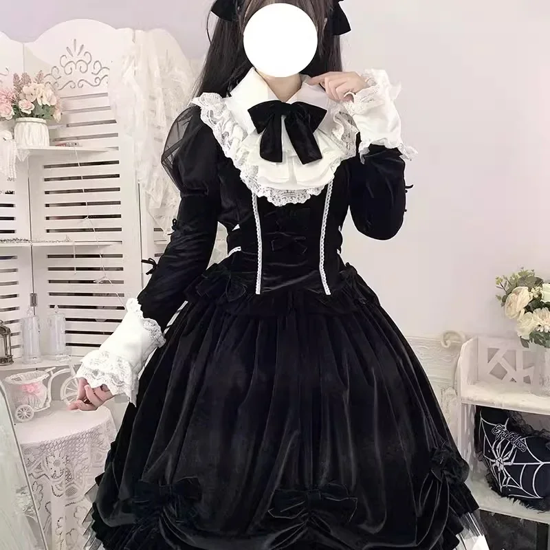 

Black Velvet Vintage Gothic Long Sleeve Lolita Long Puff Dress Noble Miss Lolita Lace Dresses Women 2025 Hot Sale
