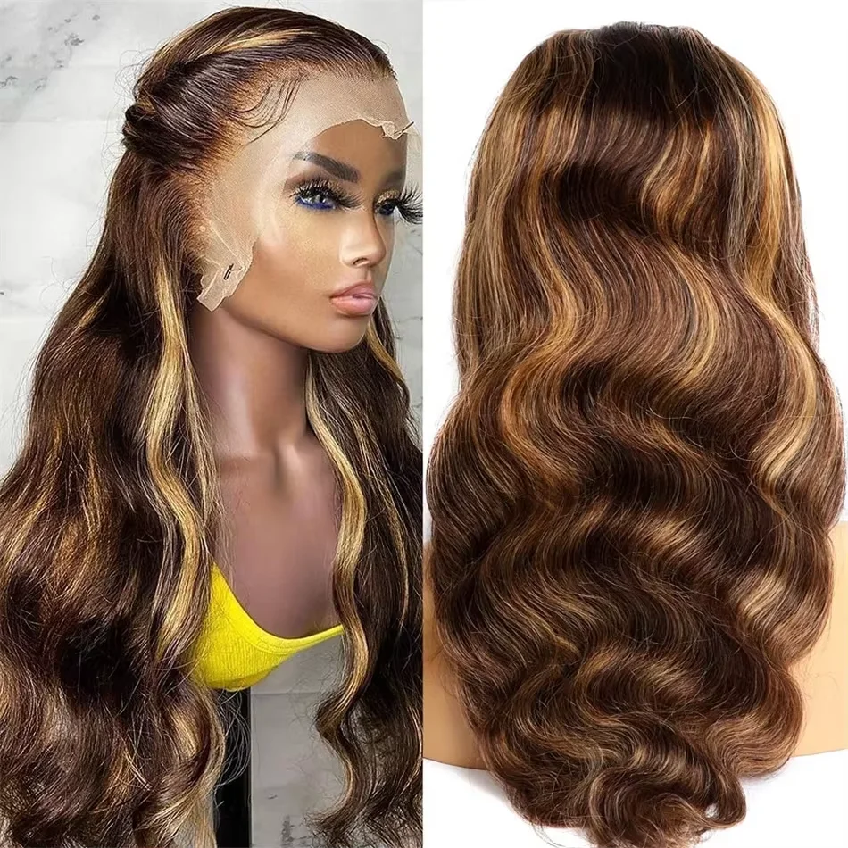 30 inch Highlight Lace Front Wig Human Hair Pre Plucked 13x4 HD Transparent 4/27 Honey Blonde Lace Frontal Wigs With Baby Hair 180% Density Body Wave Lace Front Wig For Women
