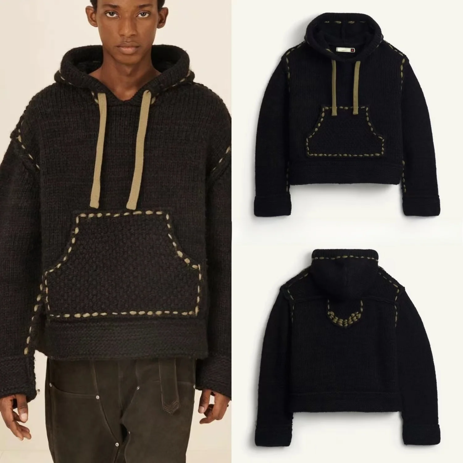 Autumn Winter New Men's Loose Fit Hoodie Short Knitted Wool Blend Sweatshirt Jacket 0021901  Color Casual Streetwear