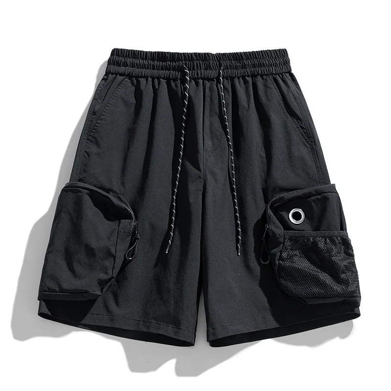 Fashion Elastic Lace Up Spliced Pockets Cargo Shorts Men's Clothing 2024 Summer New Loose Korean Solid Color Casual Knee Shorts