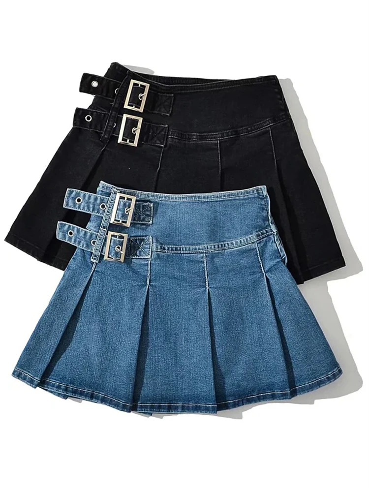 2025 Summer New TARUXY Denim Y2k Skirt with Pleats and Belt 90s E-girl Korean Skirts For Women High Street Jeans Short Bottom