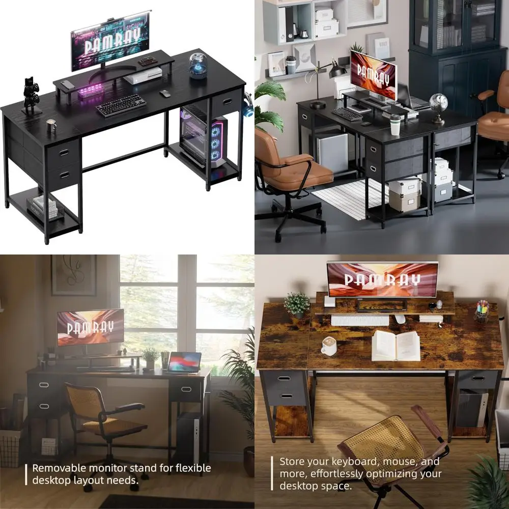 

Large 55 Home Office Desk with Storage Drawers, Monitor Stand, and Ideal for Bedroom Study Writing Area
