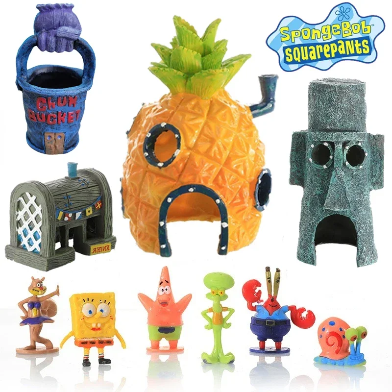 6pcs SpongeBob Fish Tank Decoration Cartoon Aquarium Doll Decorations Pineapple House Fish Shrimp Hideout Aquarium Decoration