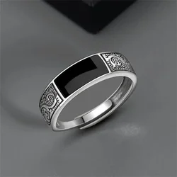 Trendy Vintage Silver Ring for Men Jewelry Black Rectangle Retro Dragon Pattern Ring Male Rings Adjustable 남자 반지 남자친구 선물