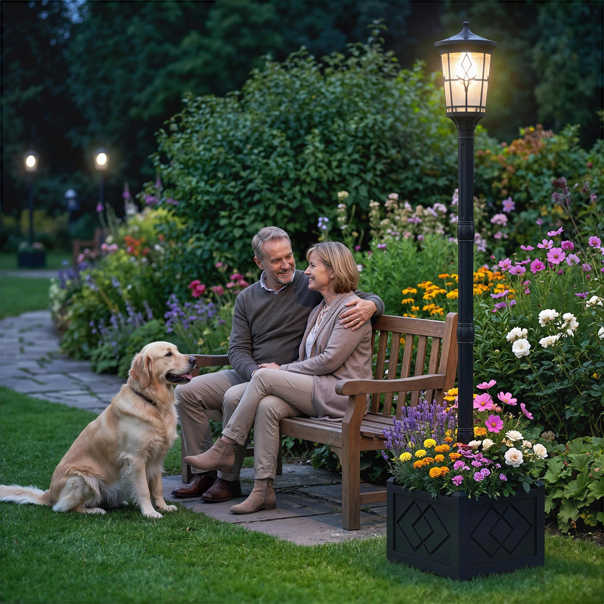 Outsunny Outdoor Solar Tuinstraatlamp met plantenbak, LED buitenlamp op zonne-energie, waterdicht IP44, automatische aan/uit, voor terras, patio