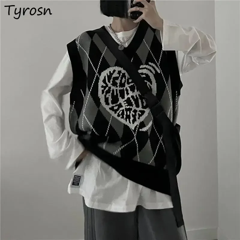 

Women Sweater Vests Knitted V-neck Dark Academia Argyle Lattice Gothic High Street All-match Harajuku Casual Chic Bf Aesthetic