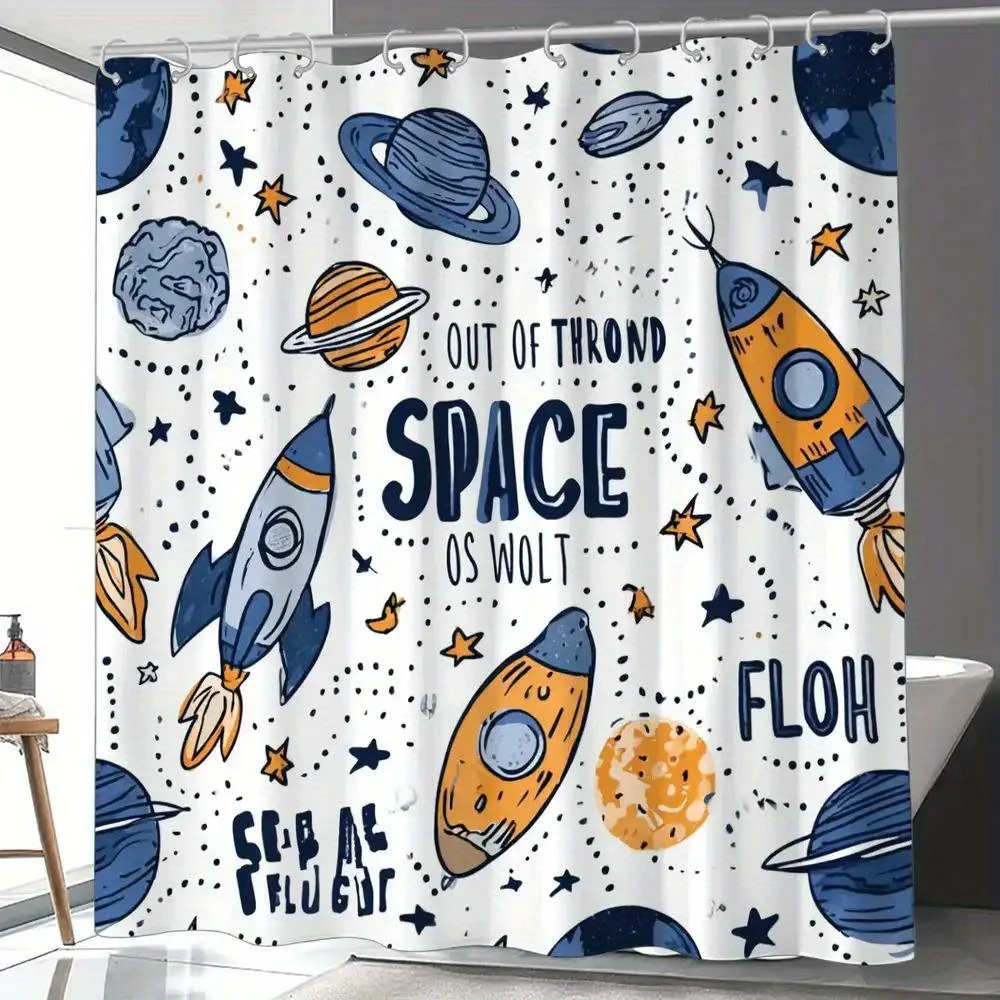 Space Adventure Shower Curtain – Hand-Drawn Rockets, Planets & “OUT OF THROD SPACE”, 12 Hooks, Kids & Geek Bathroom Decor