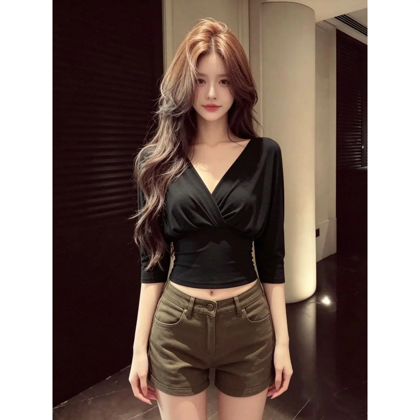Ultra-Hand Feel Modal Cotton Black Cross V-Neck Mid-Sleeve Women's T-Shirt Slimming Short Style Korean Fashion Summer Top