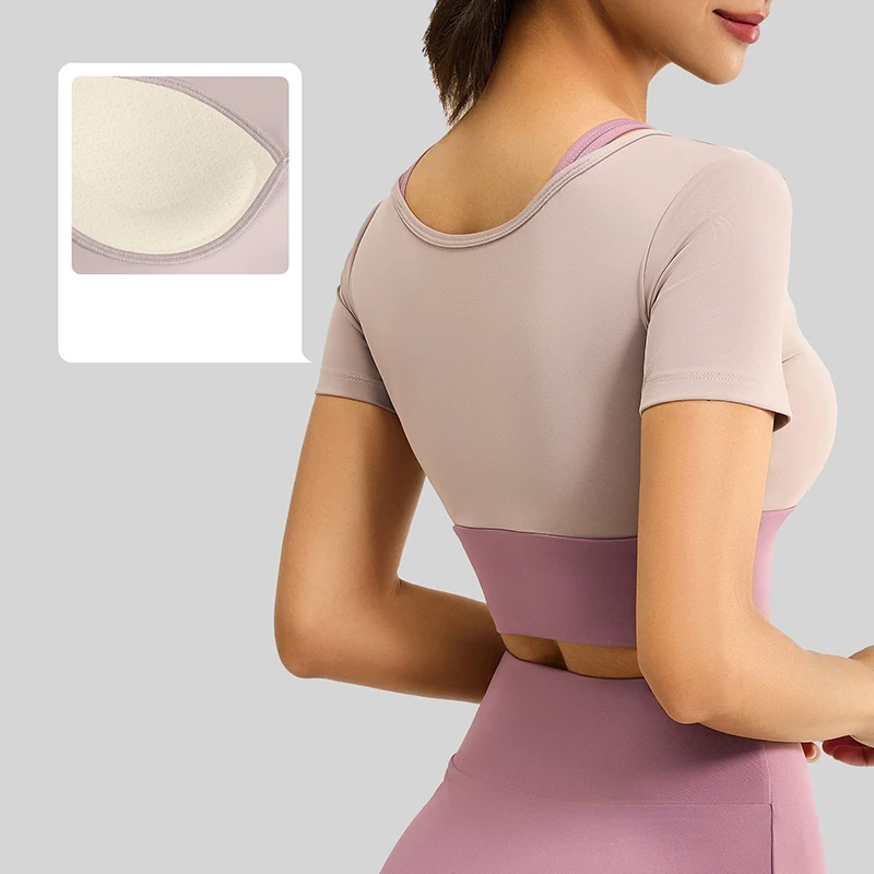 Women Breathable Shockproof Yoga Short Sleeve with Fixed Built-in Pads Comfortable Skin-Friendly Sports Top for Running Fitness