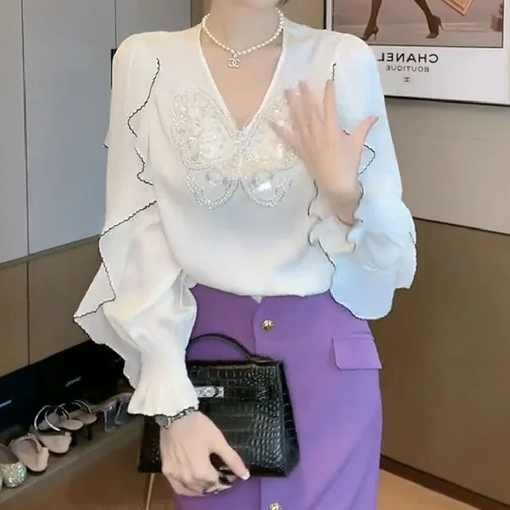 Small shirt, fashionable socialite, butterfly sequin new style shirt, women's flesh, slimming shirt trend  women tops