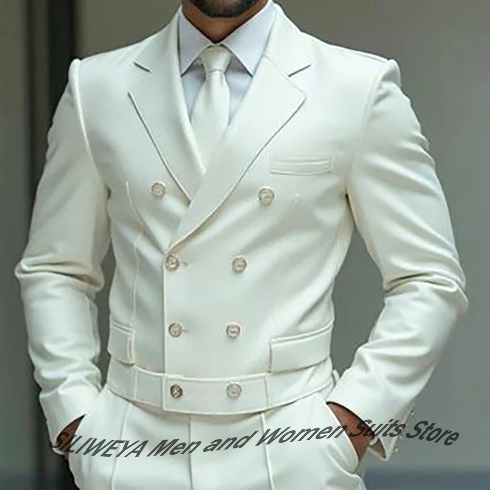 

Элегантный мужской белый костюм, комплект из 2 предметов, двубортный приталенный короткий пиджак с лацканами, свадебный и модный пиджак, брюки