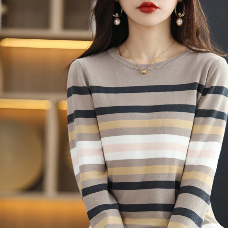 Pure Cotton Striped Knitwear Women's Round Neck Pullover Sweater Casual Fashion Needle Cotton Sweater Long Sleeve Spring Autumn