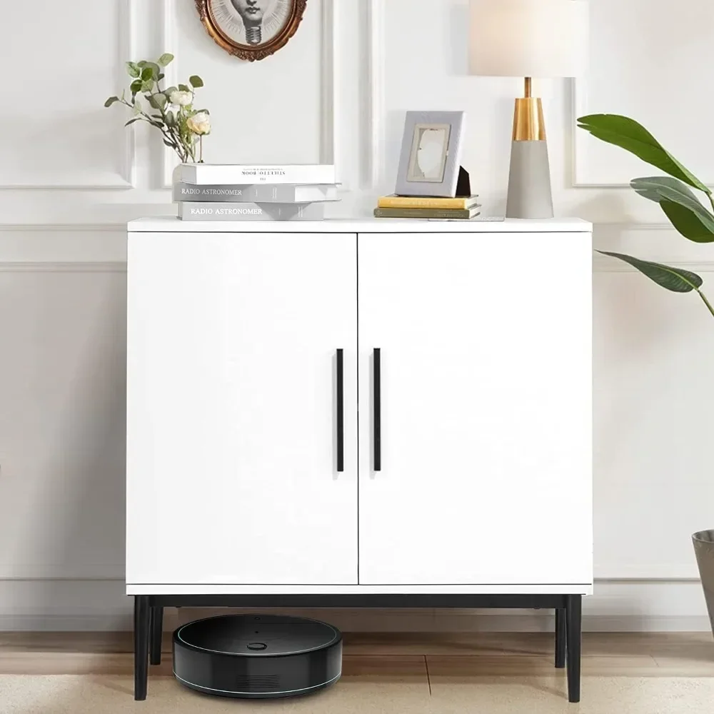 Storage Cabinet with Doors, White Accent Cabinet, Modern Free Standing Cabinet, Sideboard with Metal Base for Bedroom