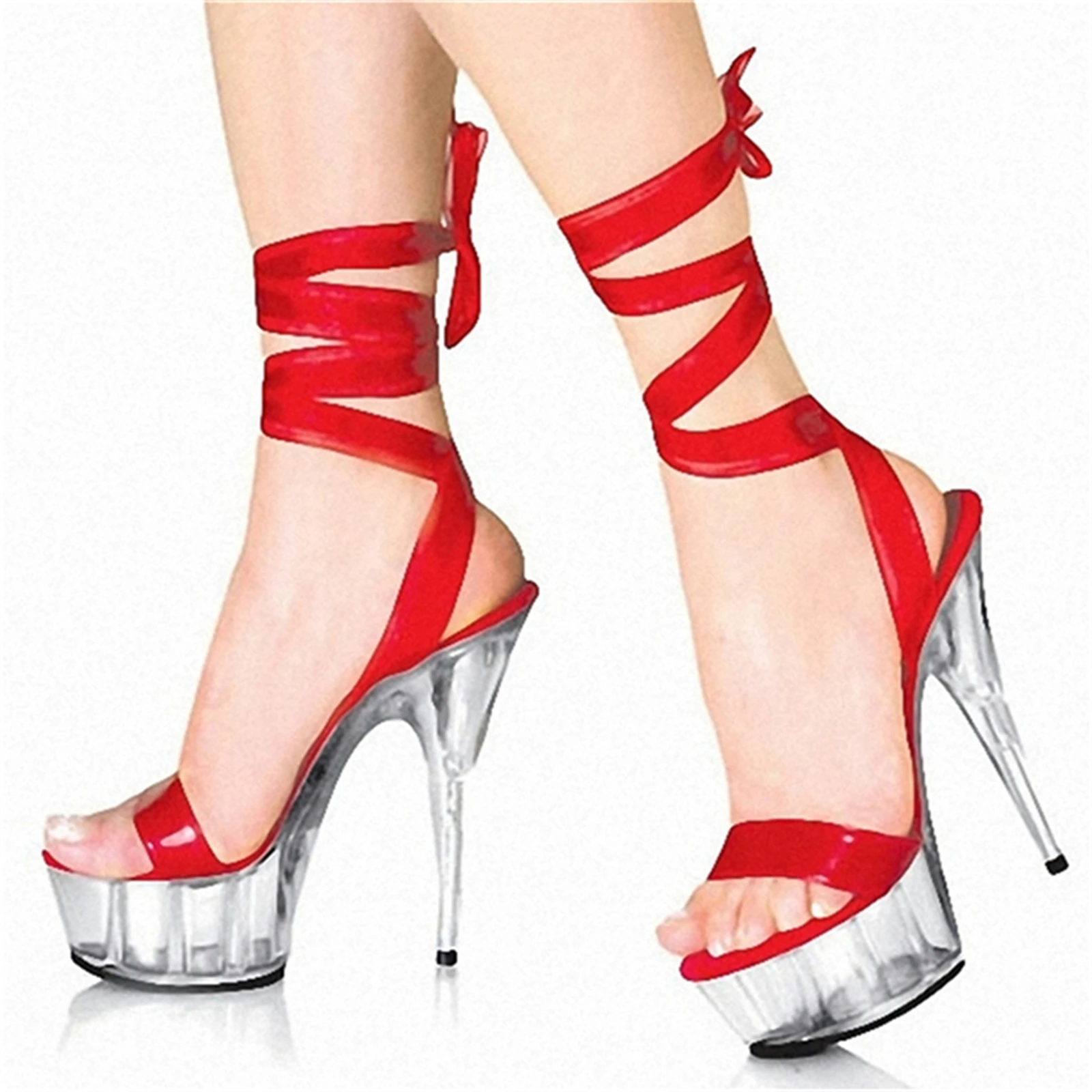

​15CM Red Ribbon Wrap Heels, Crystal Clear Stiletto Sandals with Ankle-to-Calf Tie-Up Bows, Elegant Statement Shoes​