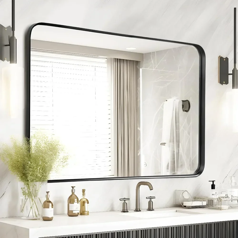 Large Black Bathroom Mirror 40x30 Inch - Rectangular Framed Mirrors for Wall, Black Metal Mirror Wall Mounted for Bathroom