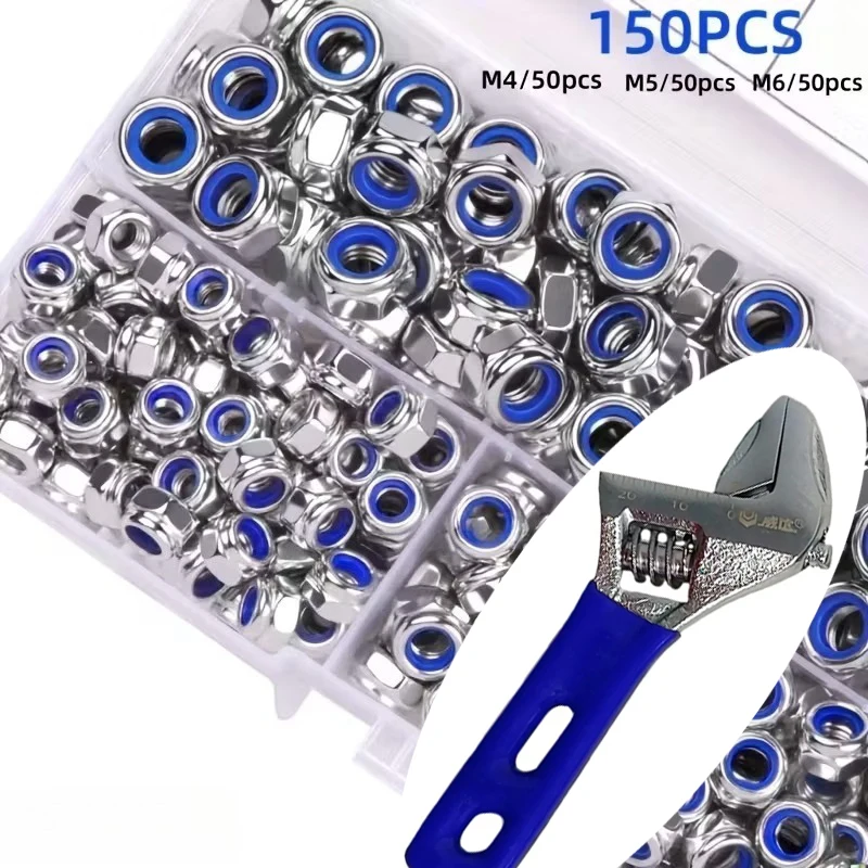 150Pcs Nylon Insert Lock Nut Assortment Kit M4 M5 M6 Stainless Steel Self-Locking Nyloc Nuts with Adjustable Wrench