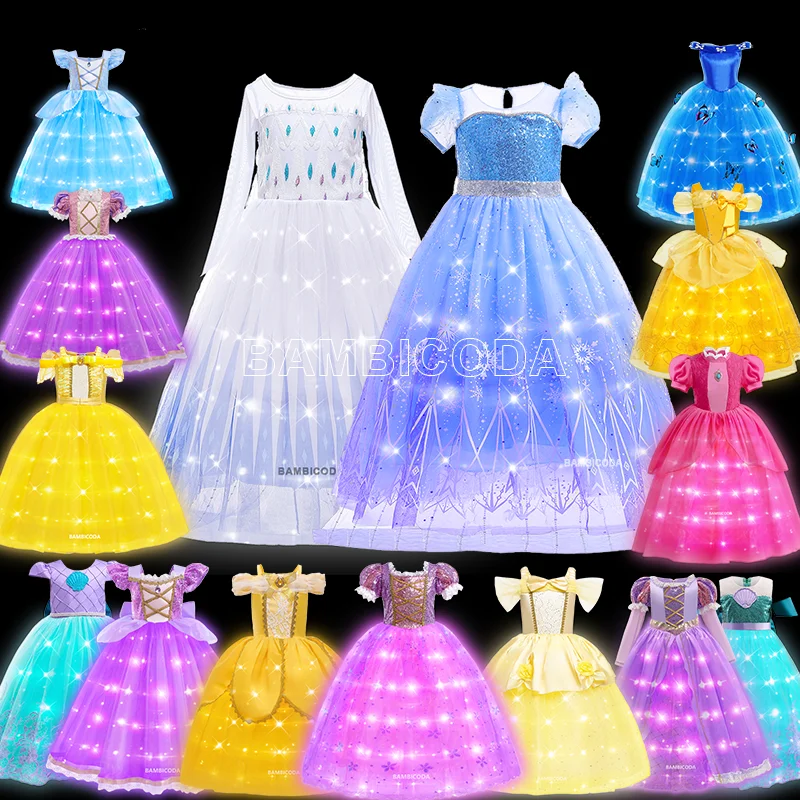 Elza Belle Rapunzel Ariel Peach Role Playing Dress Light Up Kids Halloween Carnival Apparel Girls Birthday  Princess Glowing