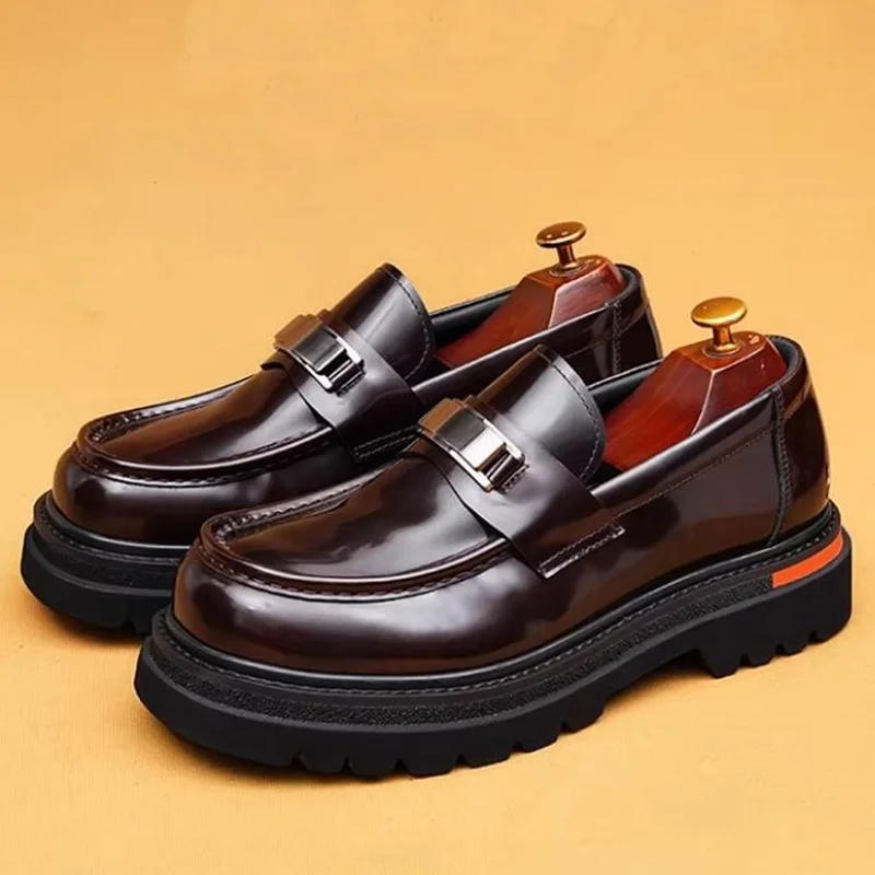 

High Quality Slip-on Men Buckle Shoes Cowhide Platform Business Leather Shoes Anti-slip Thick Soles Height-increasing Loafers