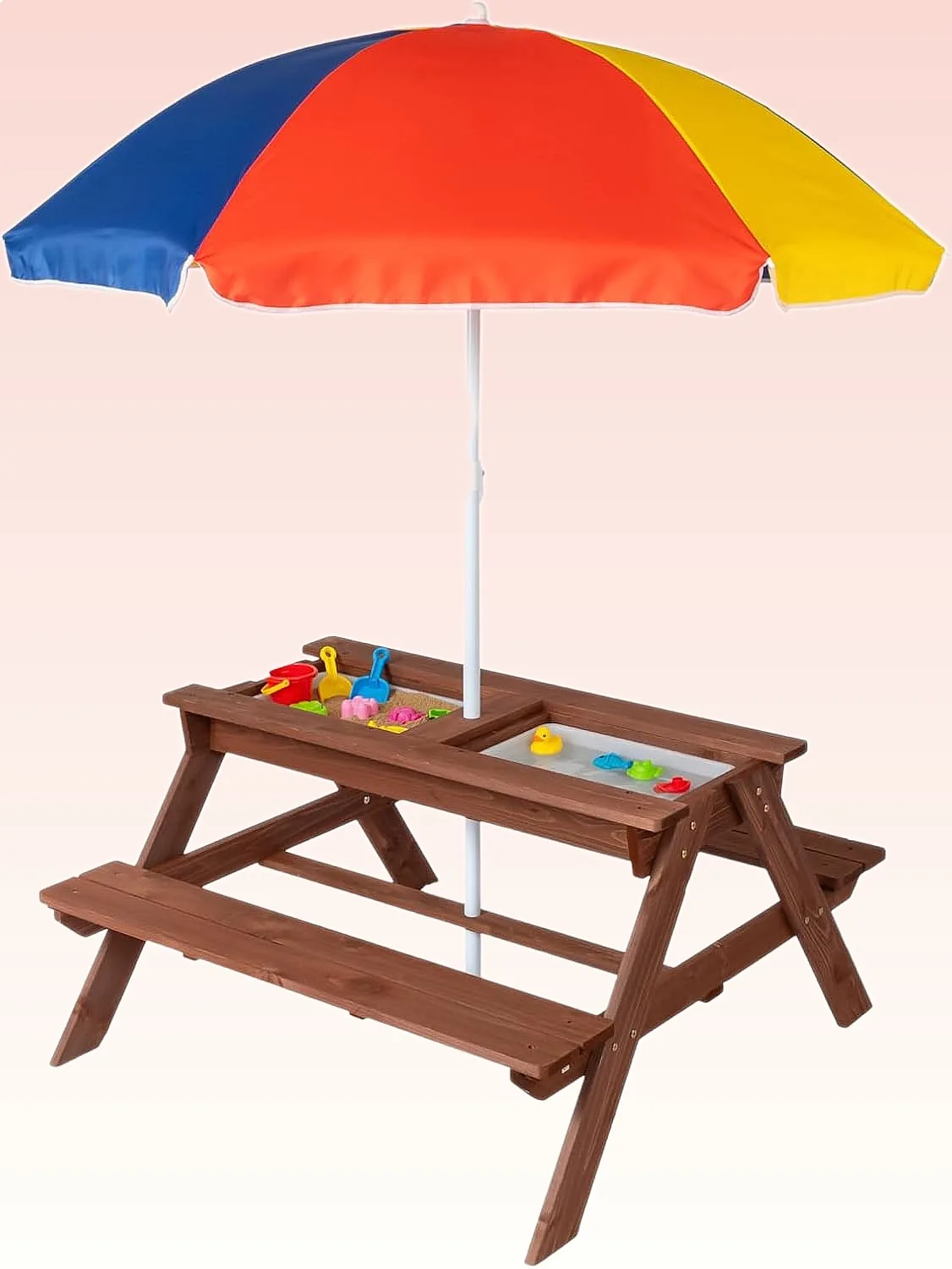JOYMOR 4-in-1 Wooden Kids Picnic Table with 2 Sensory Bins & Umbrella, Walnut