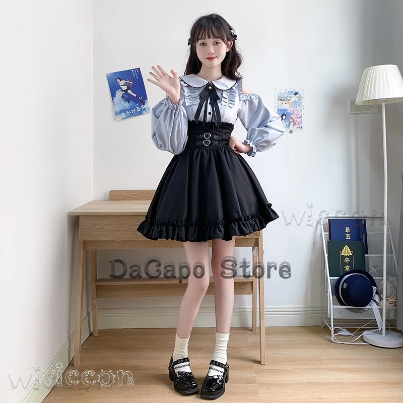 Jirai kei Lolita JK Skirt Set Women Kawii Bow Blouse Slim Black Skirt Female Japanese Students Girls Blue Suit Peter Pan Collar