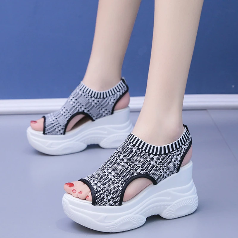 2024 Summer New Knitted Fish-mouth Shoes Fairy Wind Cake Sole High Heel Flying Weave Slope Heel Thick Sole Sports Women\'s Sandal