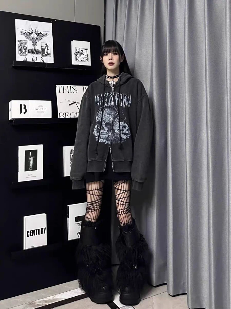 Y2K 빈티지 펑크 스타일 후드 재킷 긴 소매 여성 캐주얼 해골 프린트 디스트레스드 코트 서브컬쳐 지퍼 2025 가을