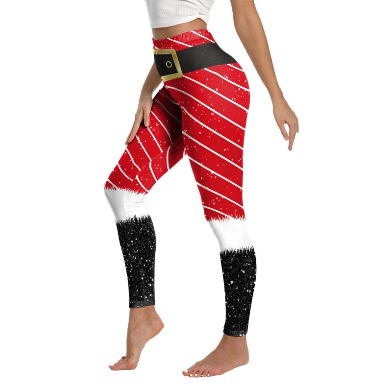 Christmas Women Leggings Elf  3D High Waist Leggings Elastic Stripe Print Trousers Yoga Leggings Xmas Pants Carnival Party Pants