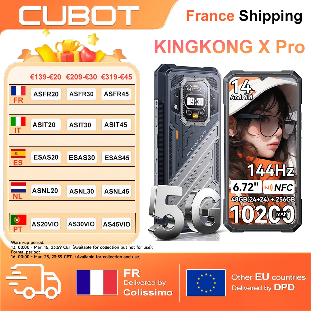 Smartphone robuste CUBOT KINGKONG X Pro 5G 48 Go (24+24) 256 Go 10200 mAh, processeur Dimensity 8200 4 nm 3,1 GHz, écran 6,72 pouces 144 Hz