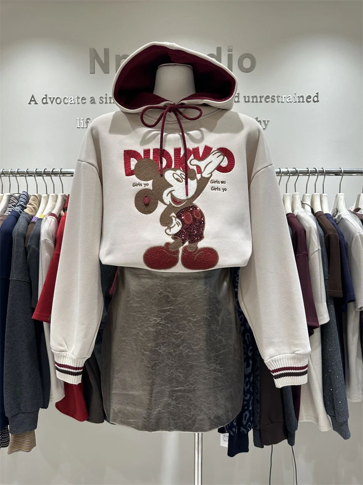 

Short Hoodie Coat Loose European Style Heavy Embroidery Cartoon Design Thickened Fleece Hooded Sweatshirt for Women