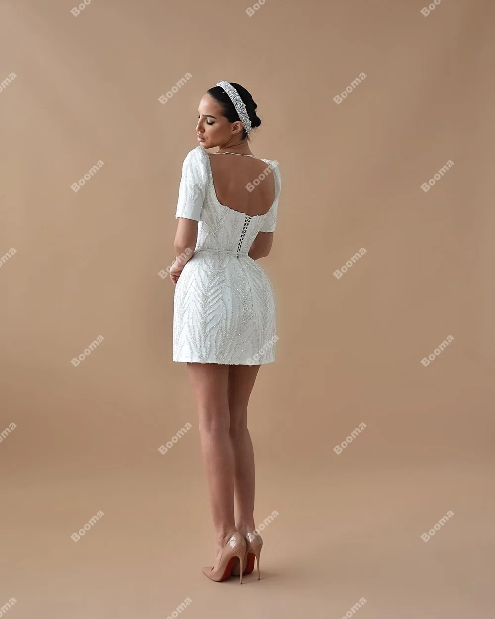 Booma-Robe de Soirée Courte à Paillettes pour Femme, Tenue de Mariage à Manches Courtes, Gala