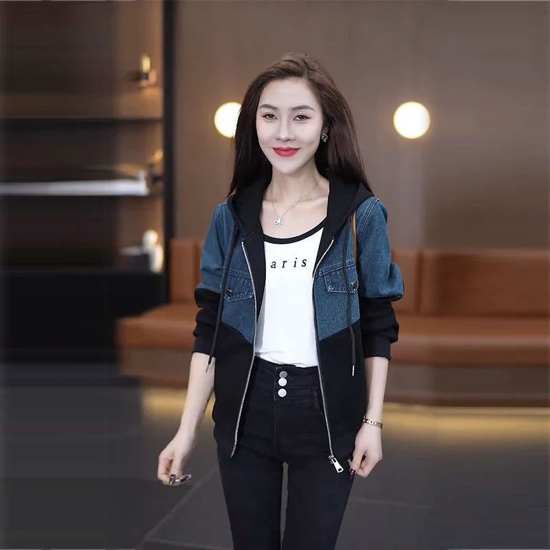 Splicing Short Denim Jacket Women\'s 2024 Spring And Autumn New Coat Korean Fashion Loose Casual Joker Hooded Top