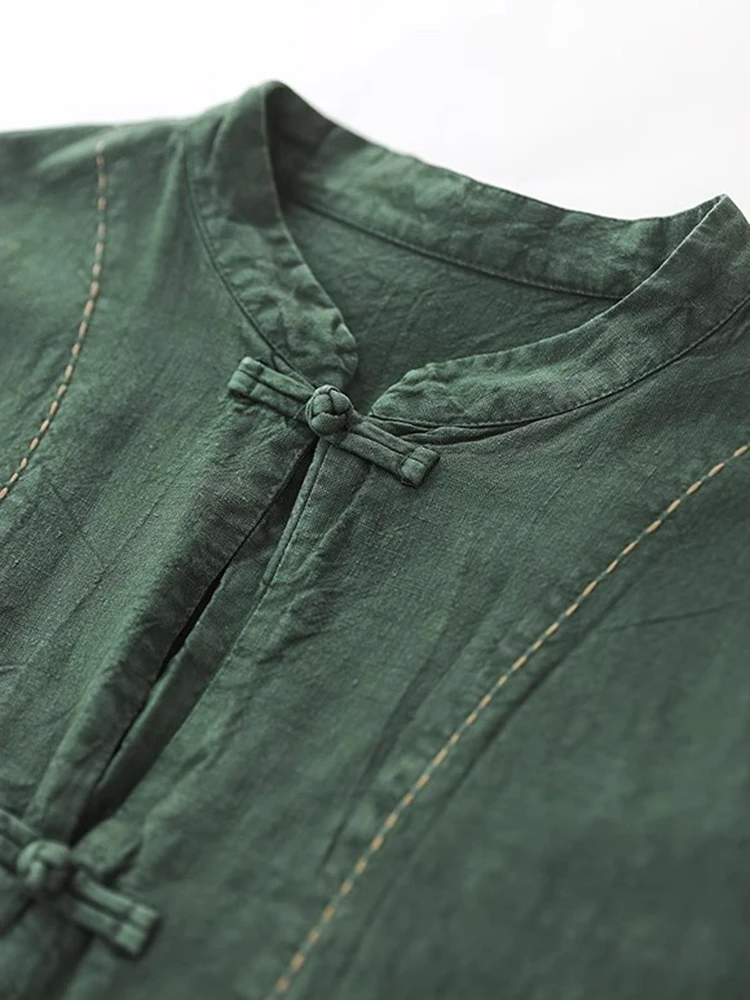 중국 스타일 여성 긴팔 린넨 셔츠 신상 2025 가을 빈티지 스탠드 칼라 루즈핏 여성 캐주얼 탑 셔츠 T699