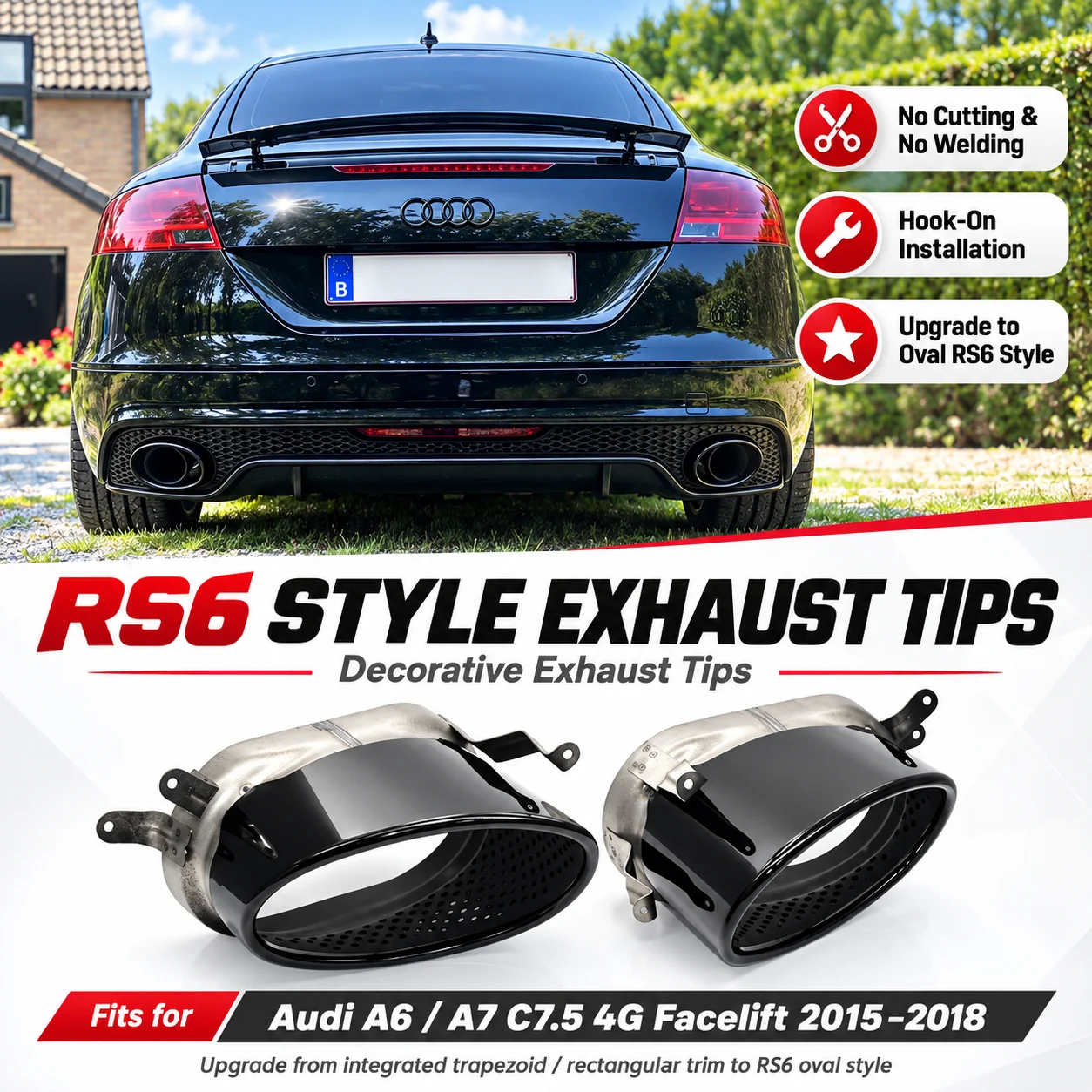 RS6 RS7 Look Oval Exhaust Pipe Muffler Tip For   2015-2018 Audi A6 A7 C7.5 4G facelift Car Stainless Steel Tailpipe Muffler Tip
