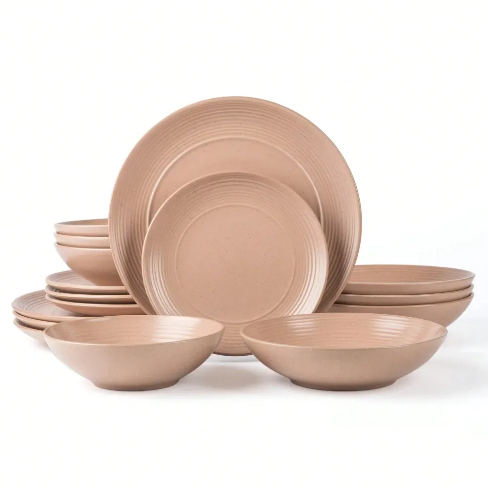 

Stoneware 16pc Double Bowl Dinnerware Set For 4, Dinner And Side Plates, Cereal And Pasta Bowls Mug Speckle Matte Coral.Durable