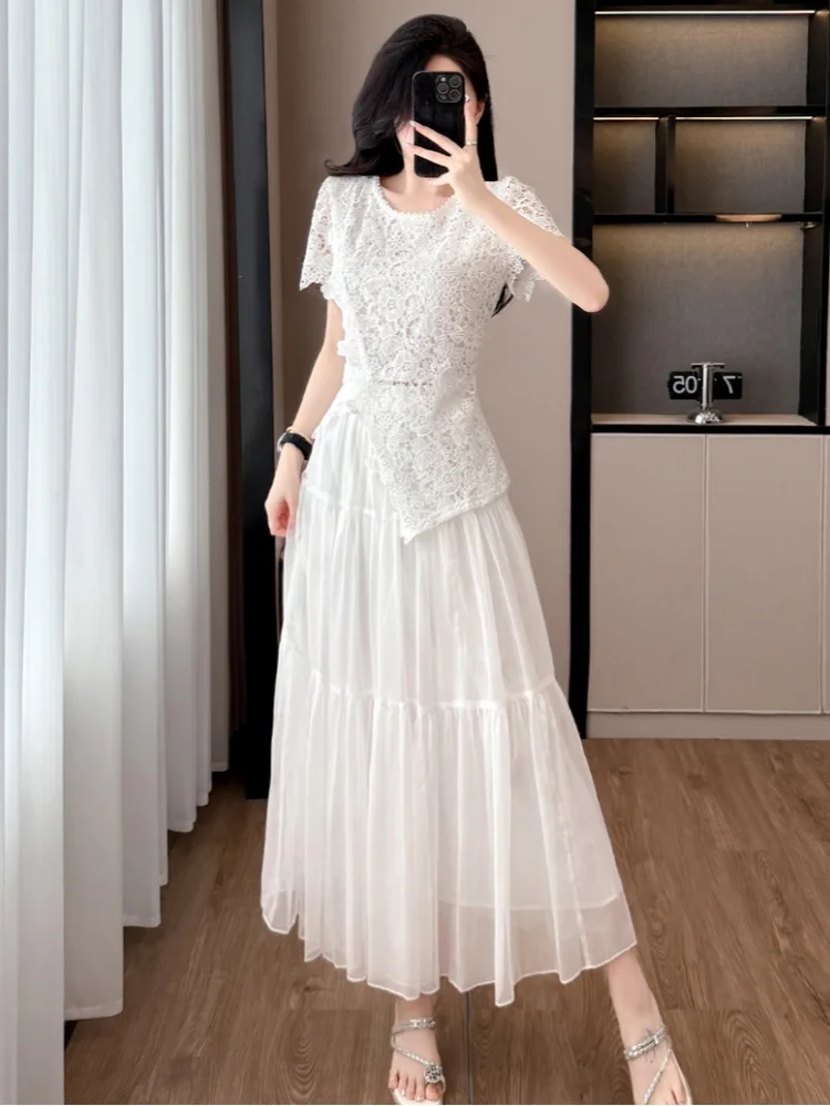 

SMTHMA Flower Lace Hollow Out Irregular Top Two-Piece Set+Women'slightweight High-End Versatile Long Skirt 2 Piece Outfits