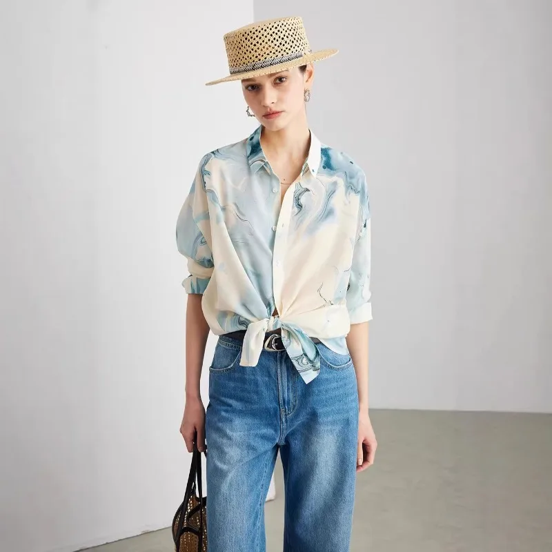 

2026 Spring Summer New Printed Casual Long-sleeved Silk Shirt Women 100% Mulberry Silk Shirt