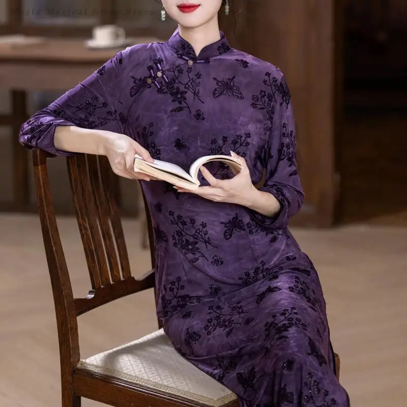 

Женское элегантное темпераментное вечернее платье Qipao, осеннее новое Cheongsam с принтом в стиле ретро, сексуальное тонкое бархатное длинное Ципао, китайское платье 4XL