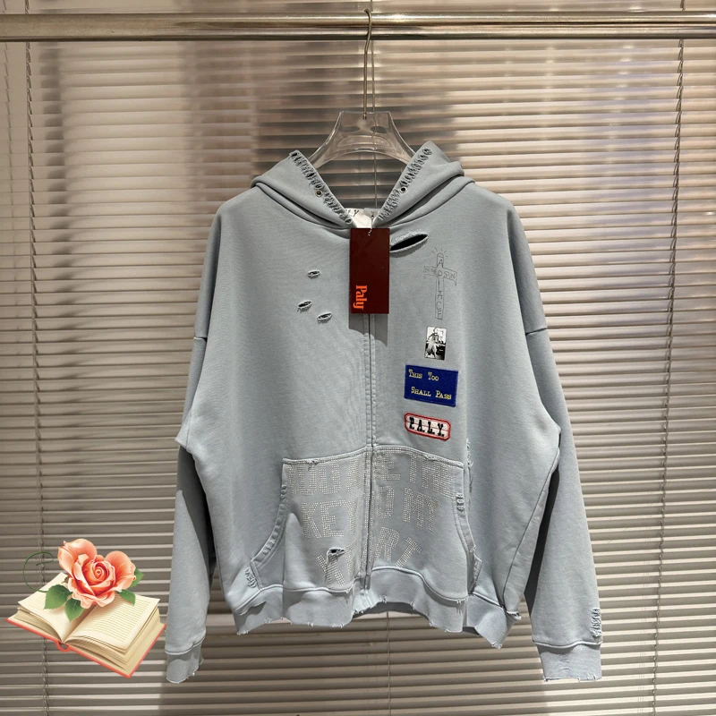 

Paly Ph Embroidery Diamond Hole Damaged Zipper Hoodie Chest Cross Print Patch Label Sweatshirts Men Women Loose Casual Pullovers