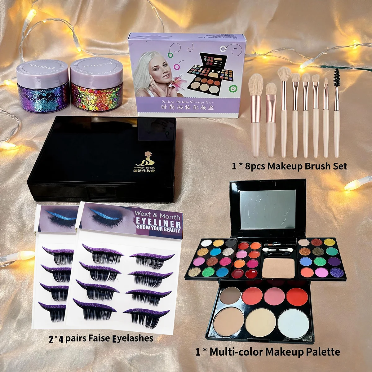 6 in 1 Set39 Color Makeup Kit  Eyeshadow Palette Lip Gloss Highlighter Contour Blush Lashes Brushes Set Face Hair Glitter Face P