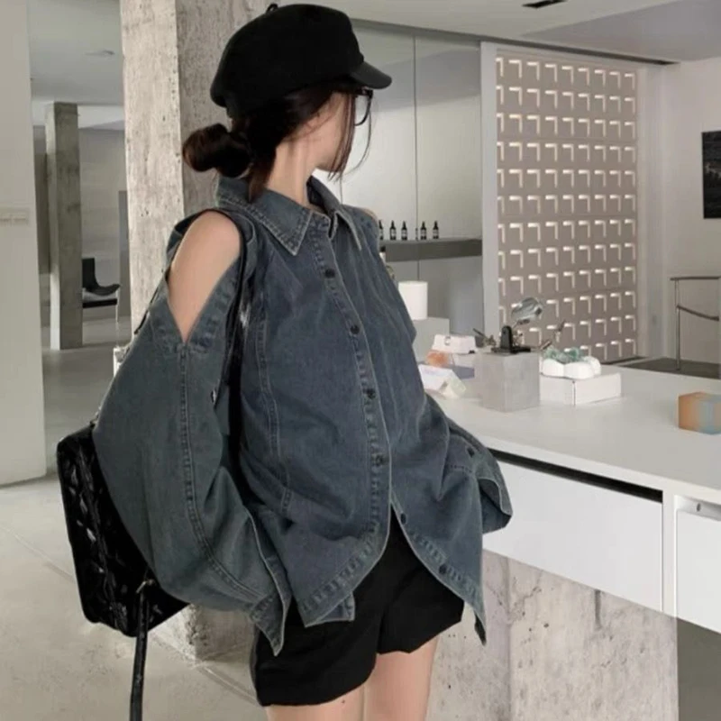 Retro Off Shoulder Denim Shirts Woman 2024 Fashion Single Breasted Mid-Length Coat Women Streetwear Long Sleeve Baggy Blouses