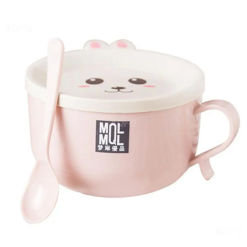 Stainless Steel Double-layer Ramen Noodles Bowl Anti-scalding Instant Noodle Bowl Cute Bunny With Lid And Spoon Tableware