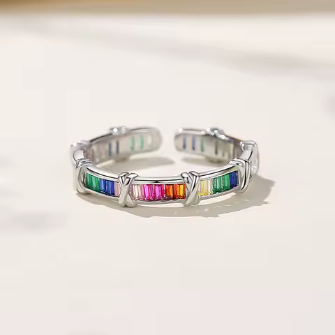 925 Sterling Silver Colorful Stone Lines Ring For Women Fine Jewelry Finger Adjustable Open Vintage Ring For Party Birthday Gift