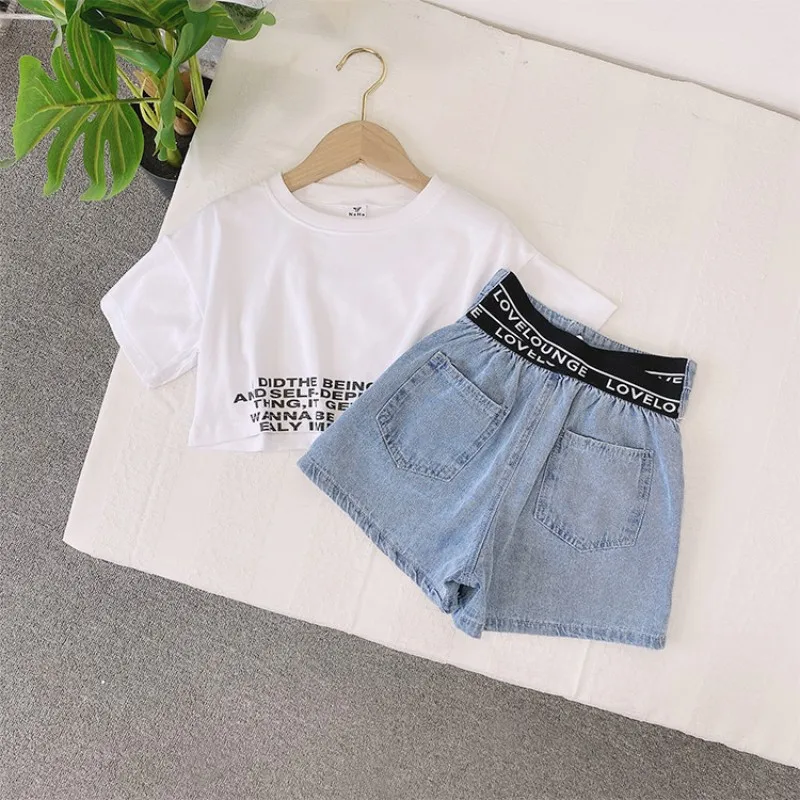 New Fashion Girls Summer Outfit Set Older Kids Short Sleeve Crop Top Denim Shorts 2-Piece Clothing Children Clothing