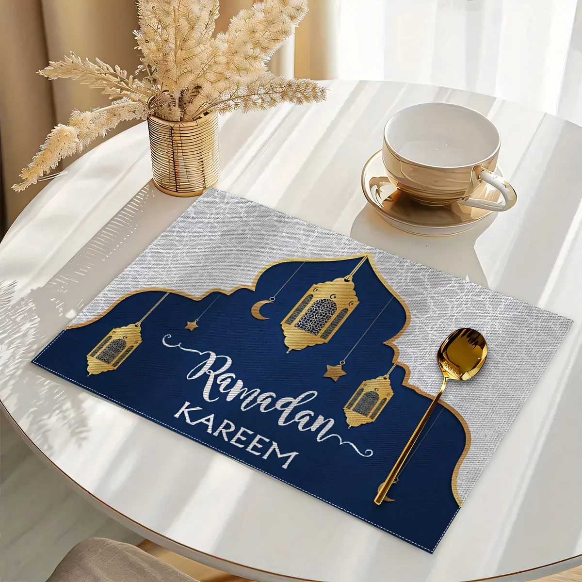 Ramadan Kareem Mubarak Linen Placemats Holiday Party Decor Navy Blue Moon Lantern Eid Al-Fitr Table Mats Ramadan Decorations