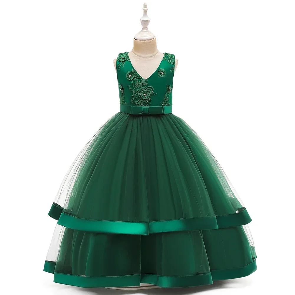 5 Colors 110cm-160cm Children Dress V-Neck Girl Skirt Long Floor-length Vestidos Princess Wedding Performance Party Ball Gown