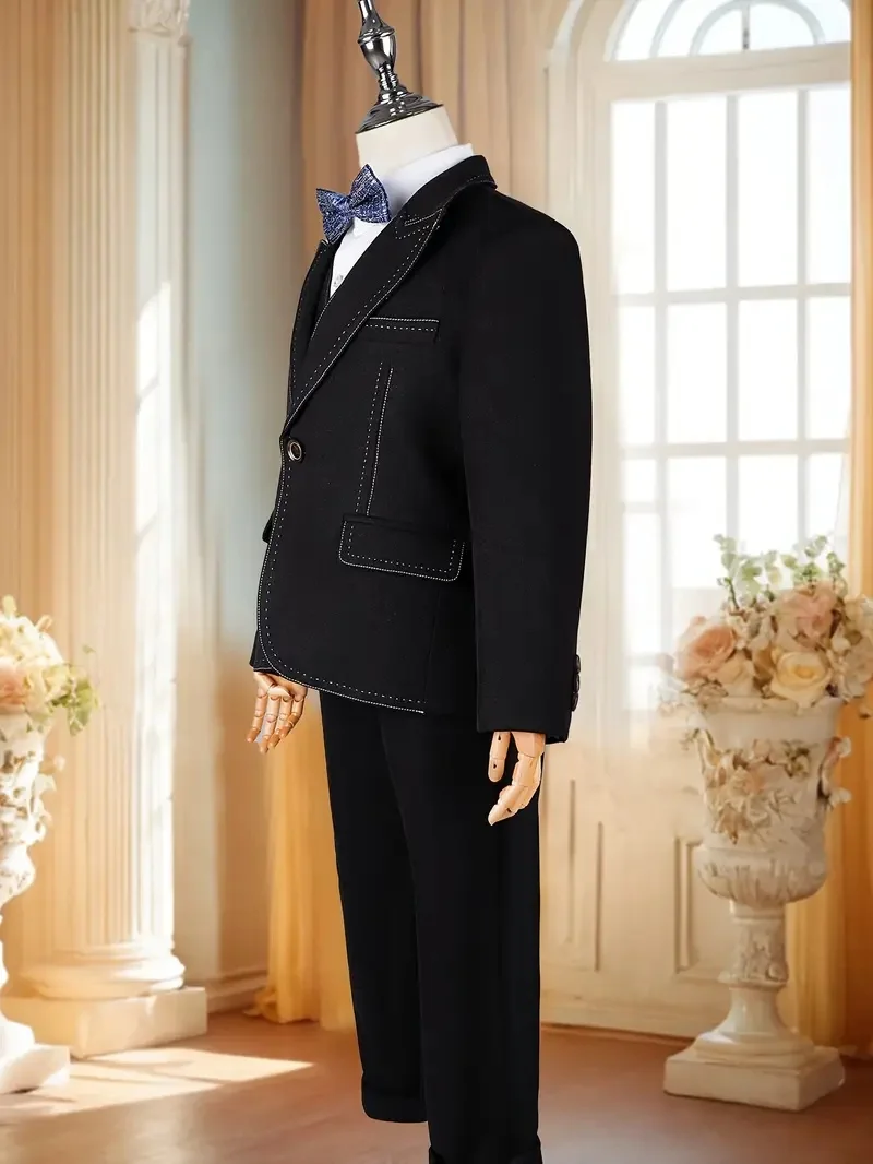 Boy's 4pcs Suit Set With Jacket Trousers Vest Bowtie For Performances Weddings Birthday Parties Graduation Ceremonies