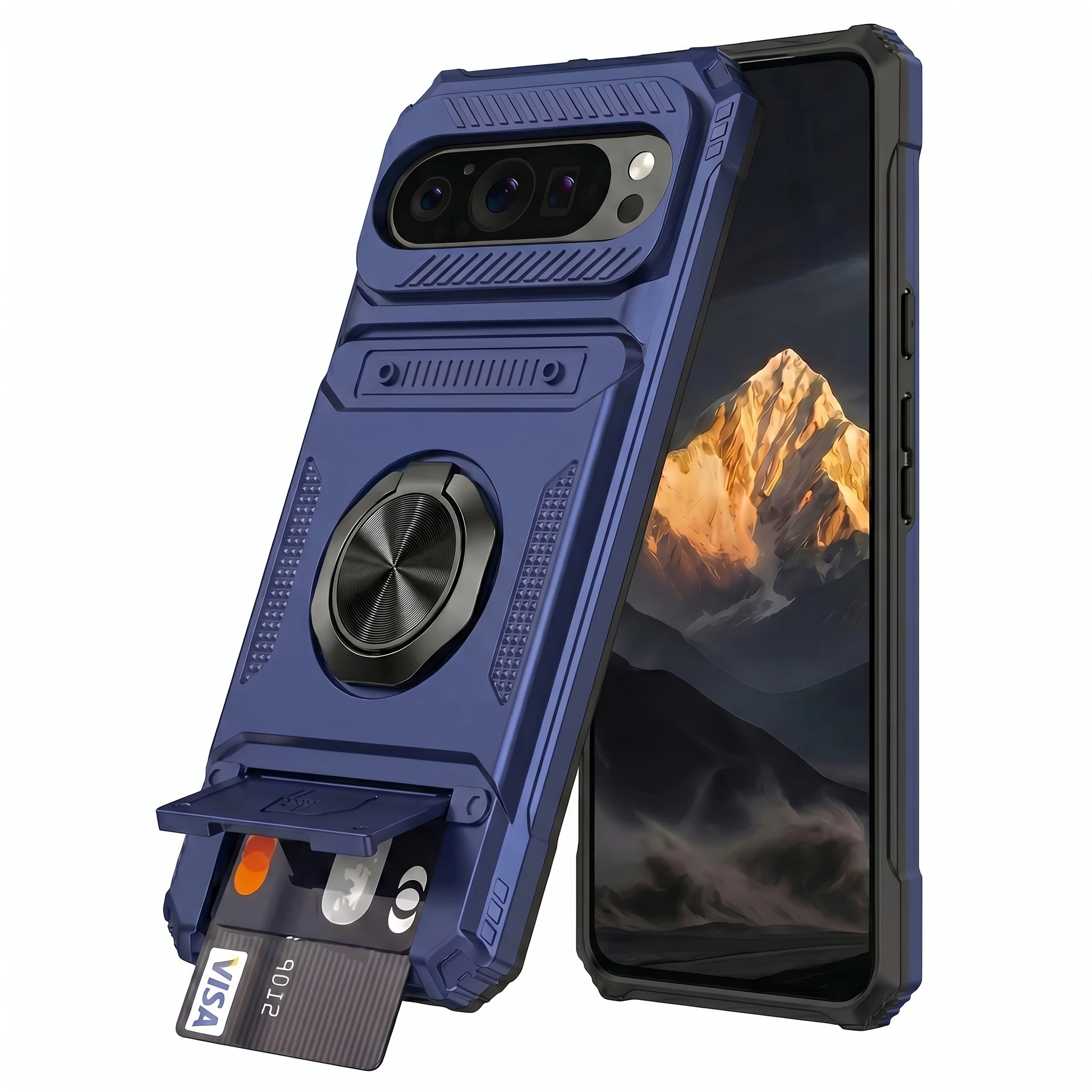 Luxury Rotating Ring Stand Armor Magnetic Case for Google Pixel 9 Pro XL Grade Drop Protection Built-in Card Slot Back Cover view 2