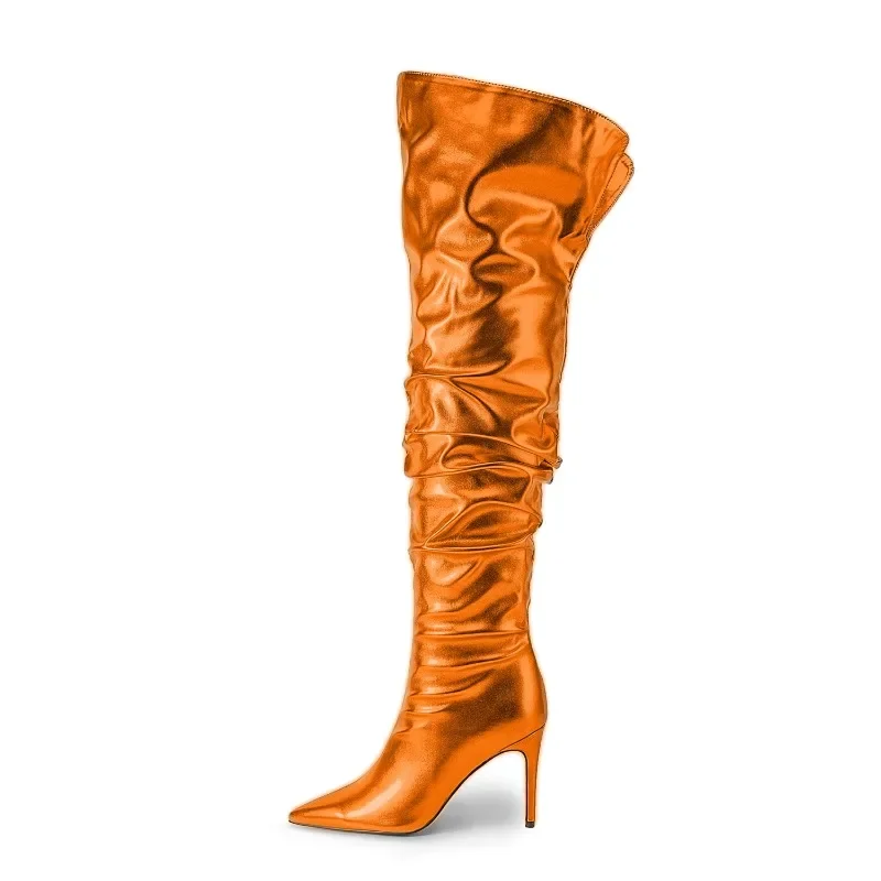 European and American Style Slim High Heels, Metal Leather Style, Pile of Pleated Knee High Boots, Pointed Thigh High Boots