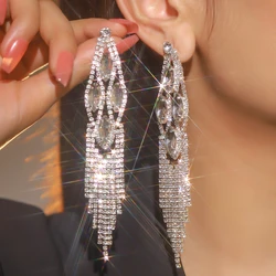 Sparkly Rhinestone Crystal Tassel Long Dangle Dance Competion Earrings for Party Prom